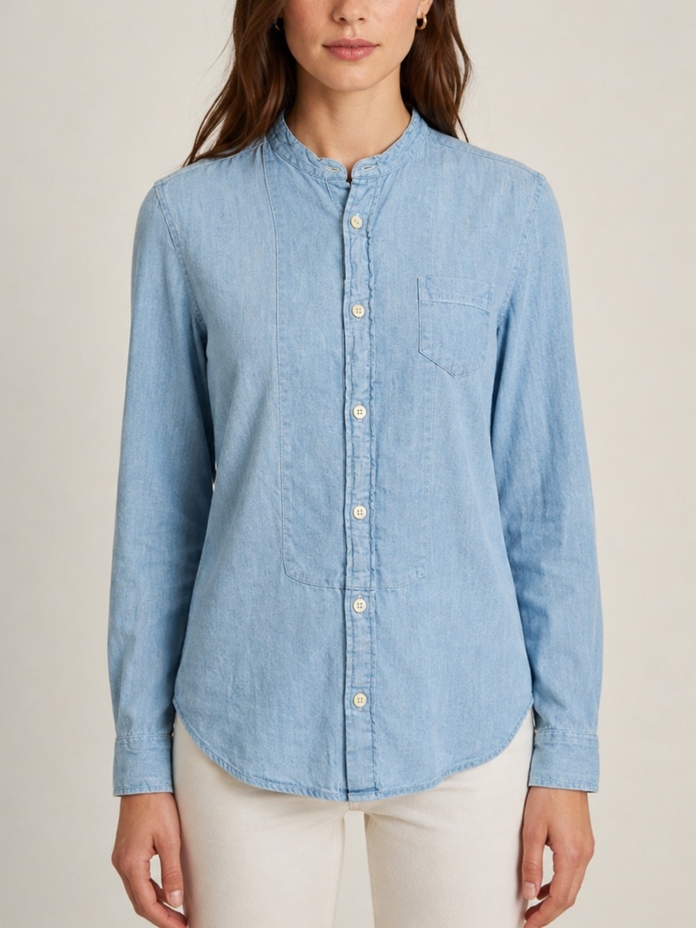 AllSaints Chambray Linen Band Collar Button Shirt Blue Small